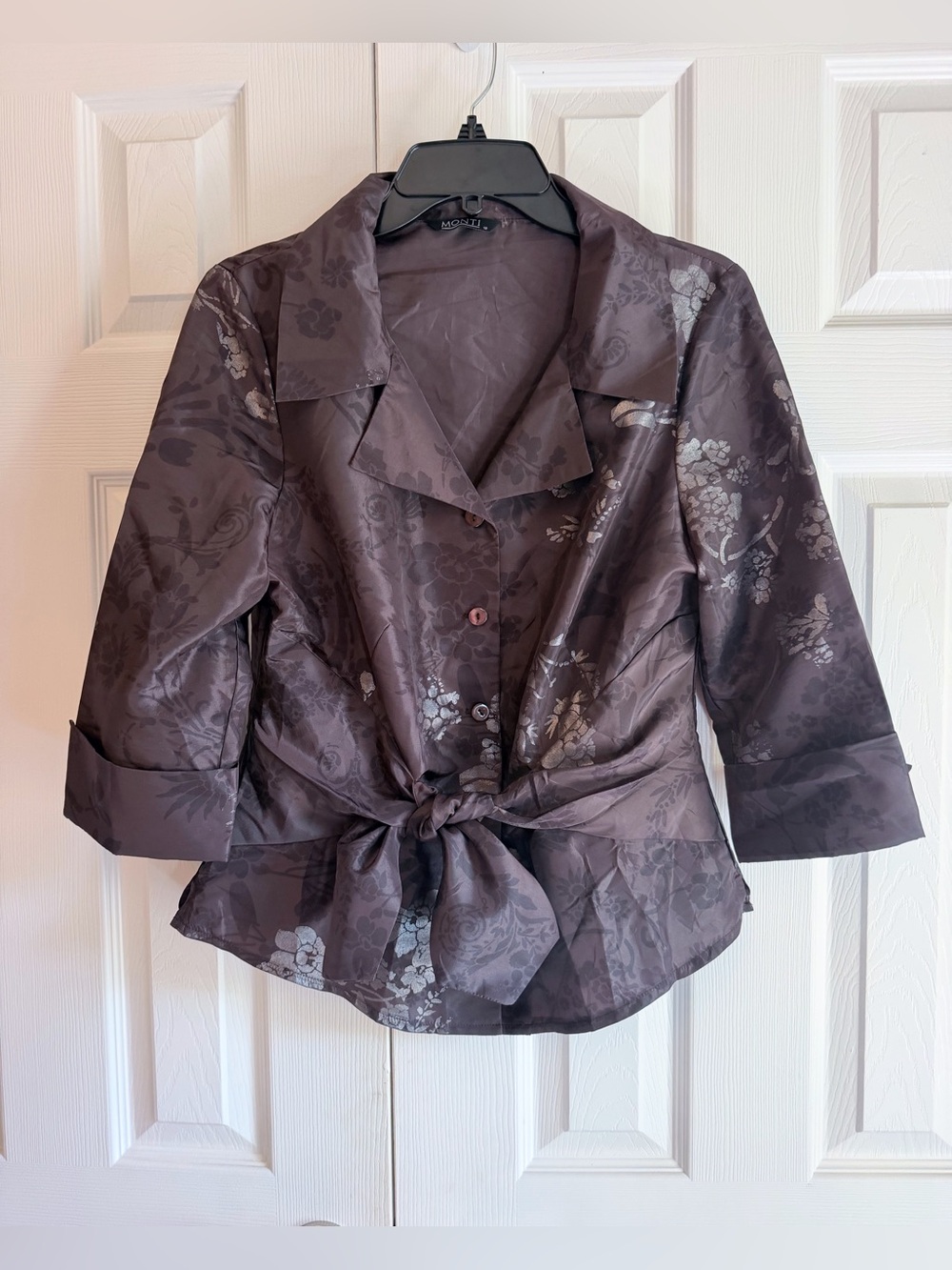 Women's Chocolate Floral Satin Tie-Front Blouse
